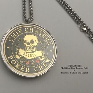 Card Guard Skeleton Skull Enamel Coin Stainless Locket 45-60cm Wheat Link Chain